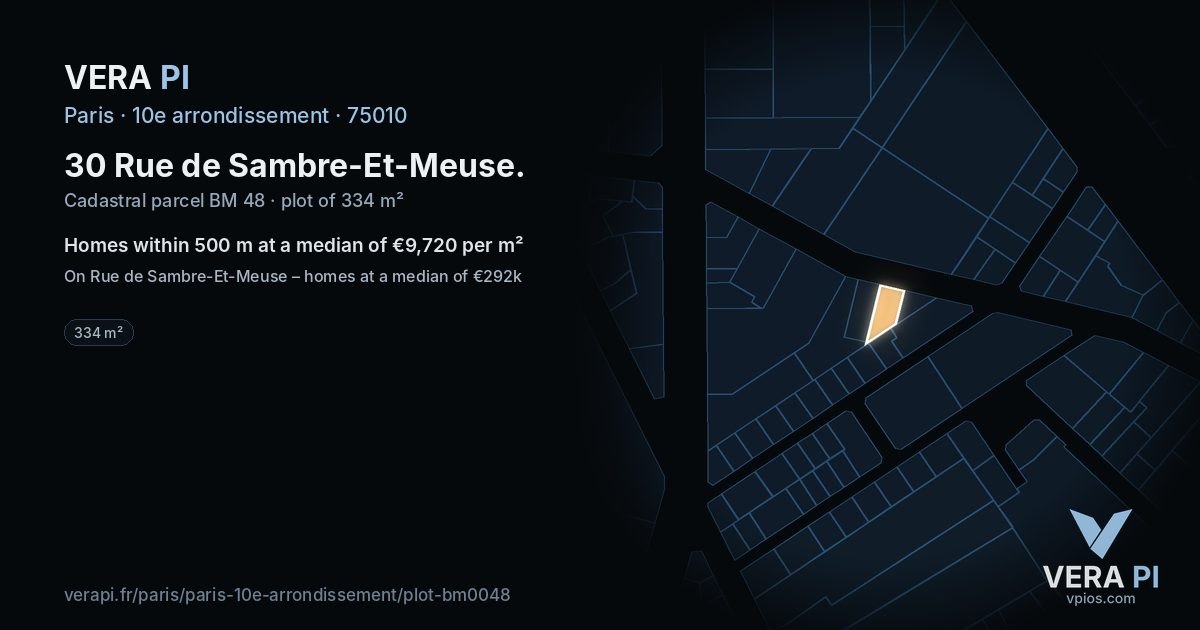 30 Rue de Sambre-Et-Meuse, 10e arrondissement at night – the plot lit, the parcels around coloured by the prices near them