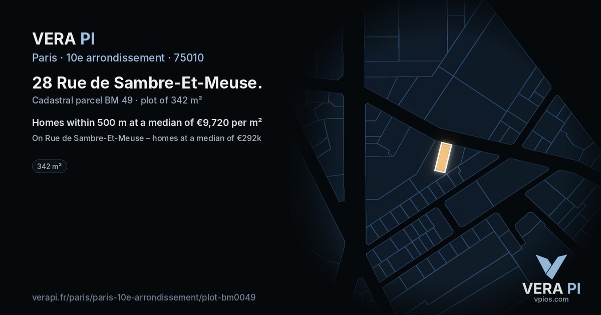 28 Rue de Sambre-Et-Meuse, 10e arrondissement at night – the plot lit, the parcels around coloured by the prices near them