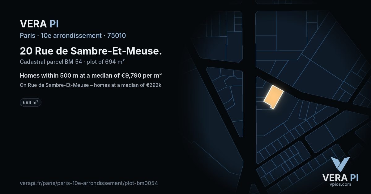 20 Rue de Sambre-Et-Meuse, 10e arrondissement at night – the plot lit, the parcels around coloured by the prices near them