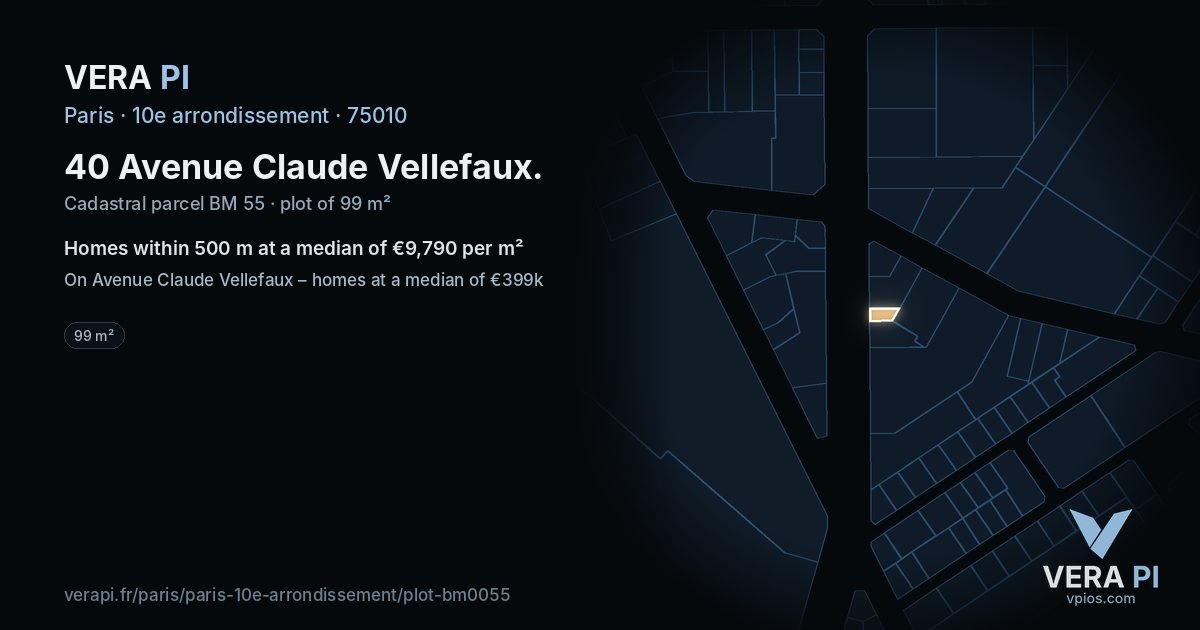 40 Avenue Claude Vellefaux, 10e arrondissement at night – the plot lit, the parcels around coloured by the prices near them