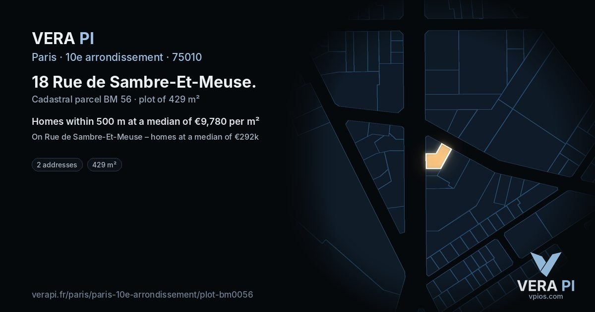 18 Rue de Sambre-Et-Meuse, 10e arrondissement at night – the plot lit, the parcels around coloured by the prices near them