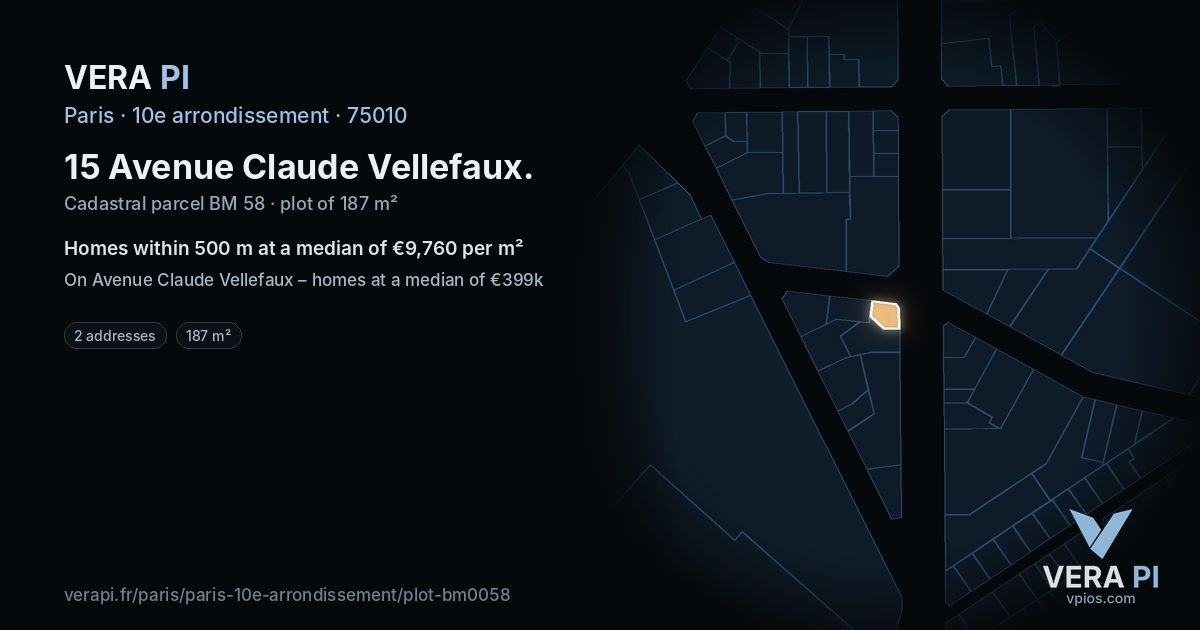 15 Avenue Claude Vellefaux, 10e arrondissement at night – the plot lit, the parcels around coloured by the prices near them