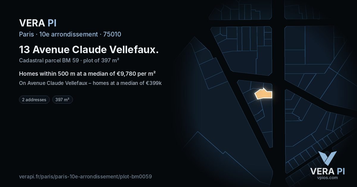 13 Avenue Claude Vellefaux, 10e arrondissement at night – the plot lit, the parcels around coloured by the prices near them