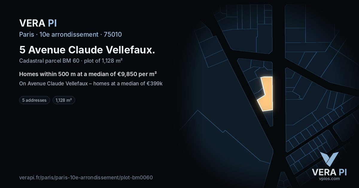5 Avenue Claude Vellefaux, 10e arrondissement at night – the plot lit, the parcels around coloured by the prices near them