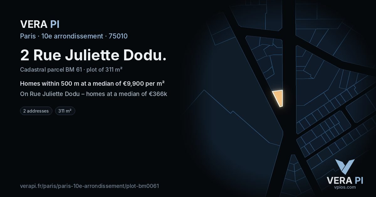 2 Rue Juliette Dodu, 10e arrondissement at night – the plot lit, the parcels around coloured by the prices near them