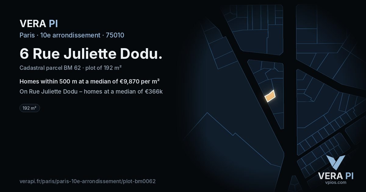 6 Rue Juliette Dodu, 10e arrondissement at night – the plot lit, the parcels around coloured by the prices near them