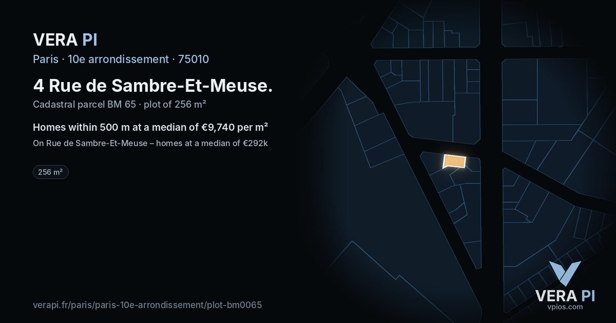 4 Rue de Sambre-Et-Meuse, 10e arrondissement at night – the plot lit, the parcels around coloured by the prices near them