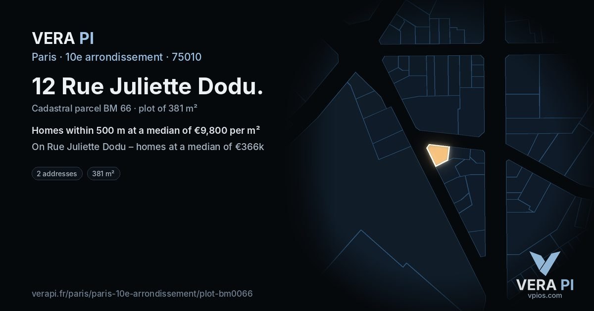 12 Rue Juliette Dodu, 10e arrondissement at night – the plot lit, the parcels around coloured by the prices near them