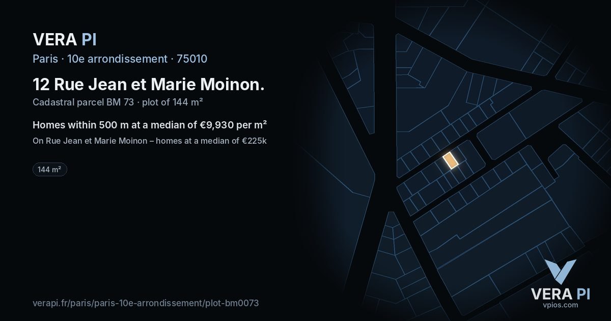 12 Rue Jean et Marie Moinon, 10e arrondissement at night – the plot lit, the parcels around coloured by the prices near them