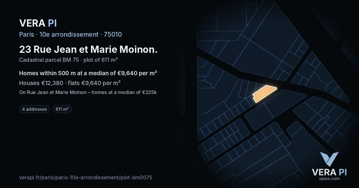 23 Rue Jean et Marie Moinon, 10e arrondissement at night – the plot lit, the parcels around coloured by the prices near them