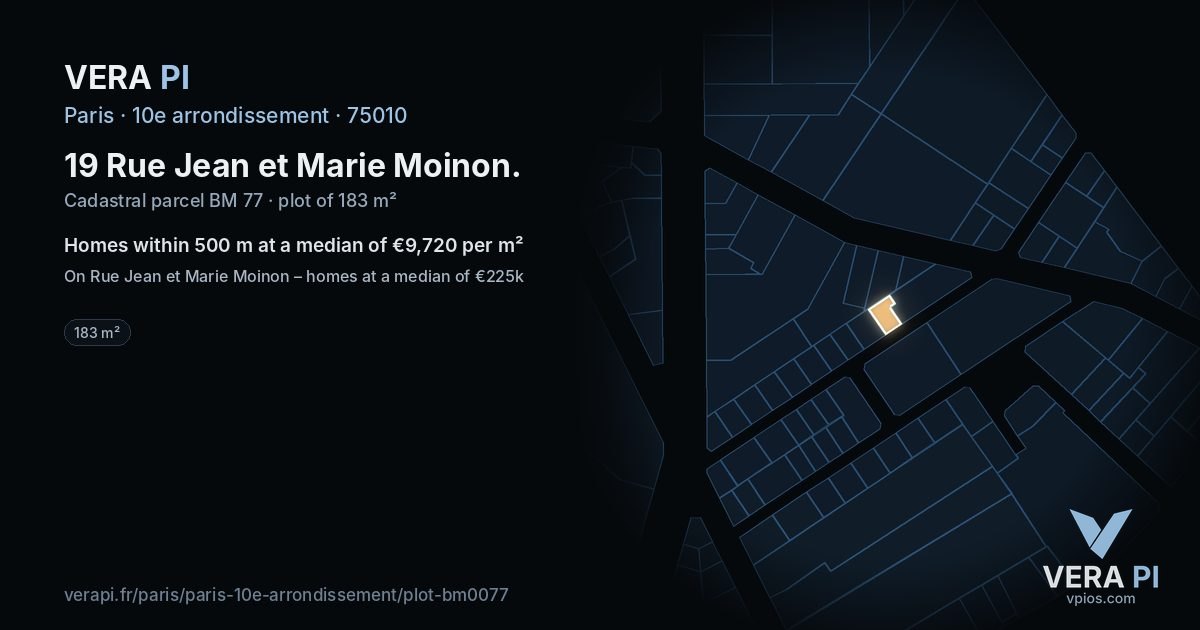 19 Rue Jean et Marie Moinon, 10e arrondissement at night – the plot lit, the parcels around coloured by the prices near them