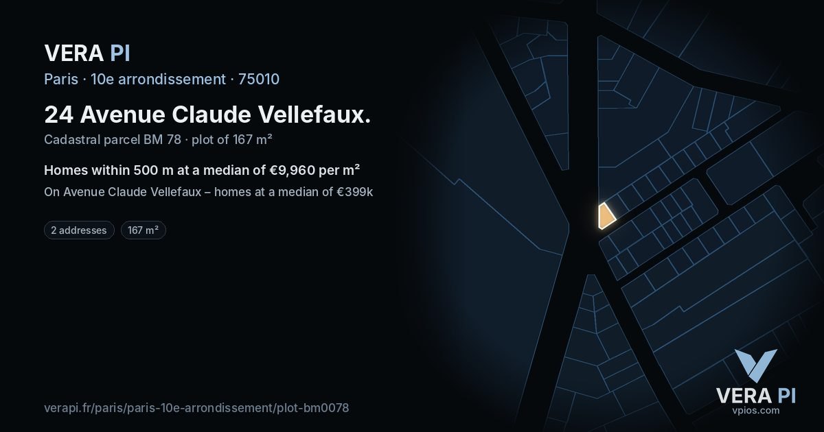 24 Avenue Claude Vellefaux, 10e arrondissement at night – the plot lit, the parcels around coloured by the prices near them