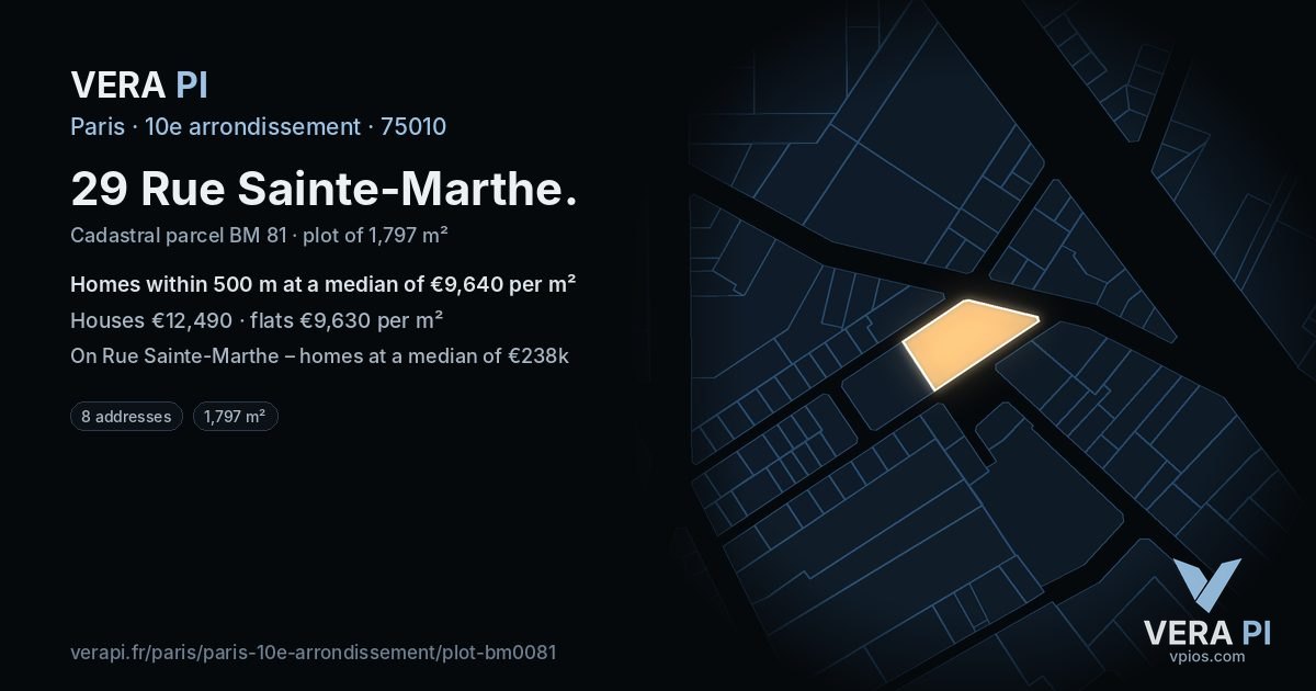 29 Rue Sainte-Marthe, 10e arrondissement at night – the plot lit, the parcels around coloured by the prices near them
