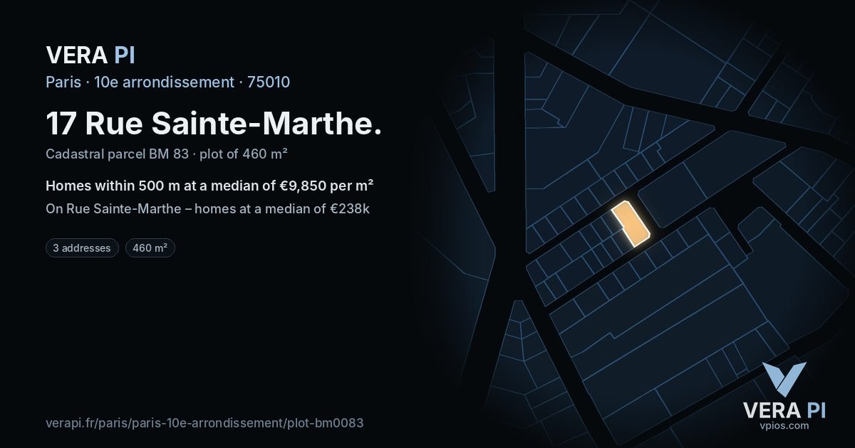 17 Rue Sainte-Marthe, 10e arrondissement at night – the plot lit, the parcels around coloured by the prices near them
