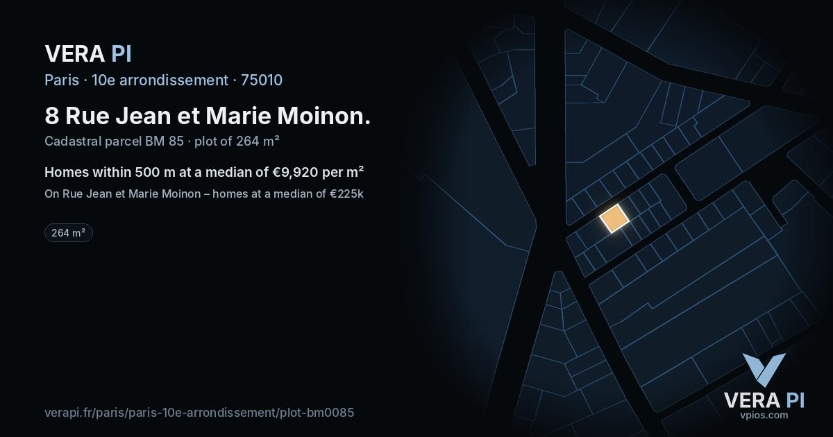 8 Rue Jean et Marie Moinon, 10e arrondissement at night – the plot lit, the parcels around coloured by the prices near them