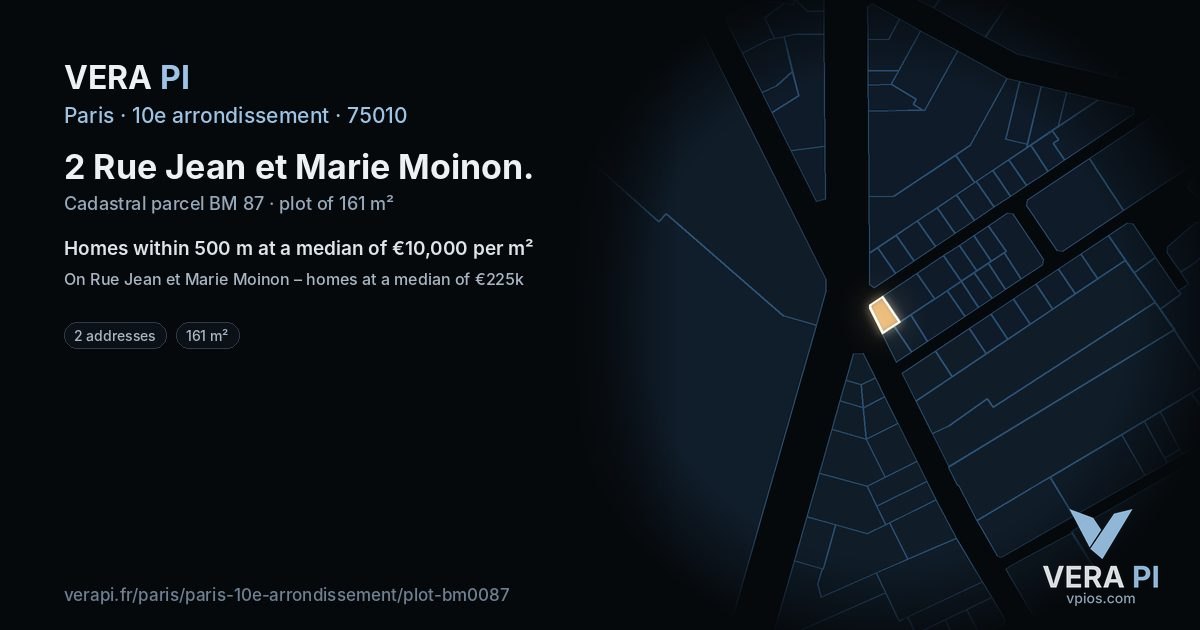 2 Rue Jean et Marie Moinon, 10e arrondissement at night – the plot lit, the parcels around coloured by the prices near them