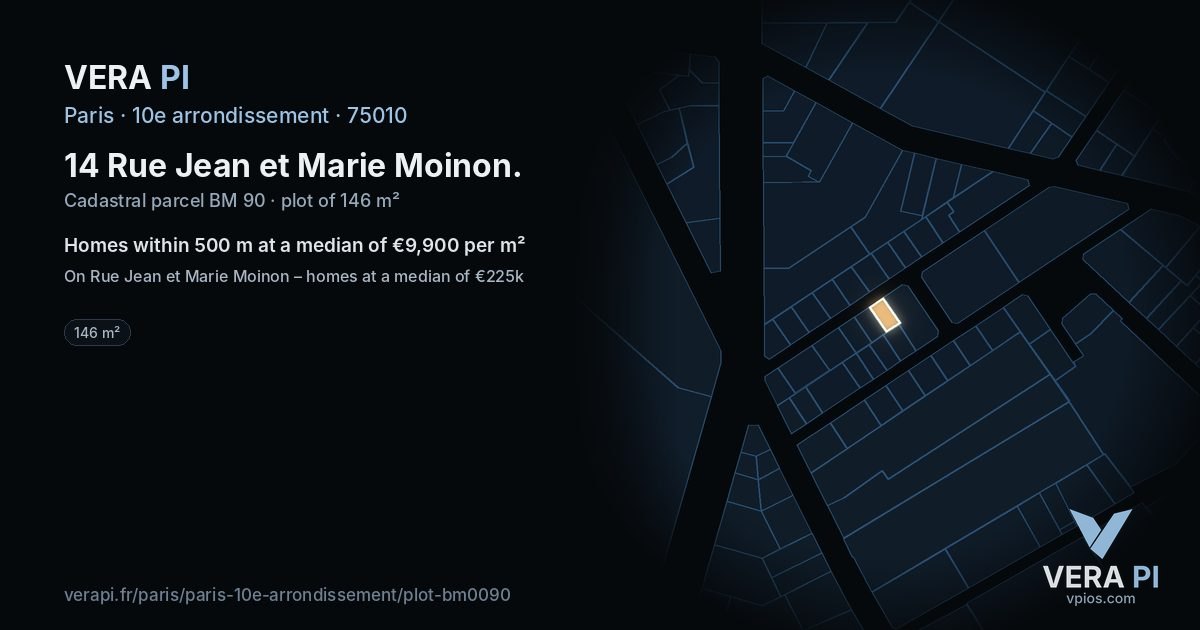 14 Rue Jean et Marie Moinon, 10e arrondissement at night – the plot lit, the parcels around coloured by the prices near them