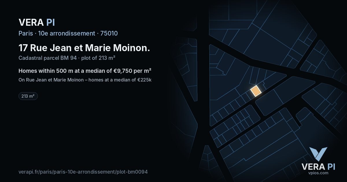 17 Rue Jean et Marie Moinon, 10e arrondissement at night – the plot lit, the parcels around coloured by the prices near them