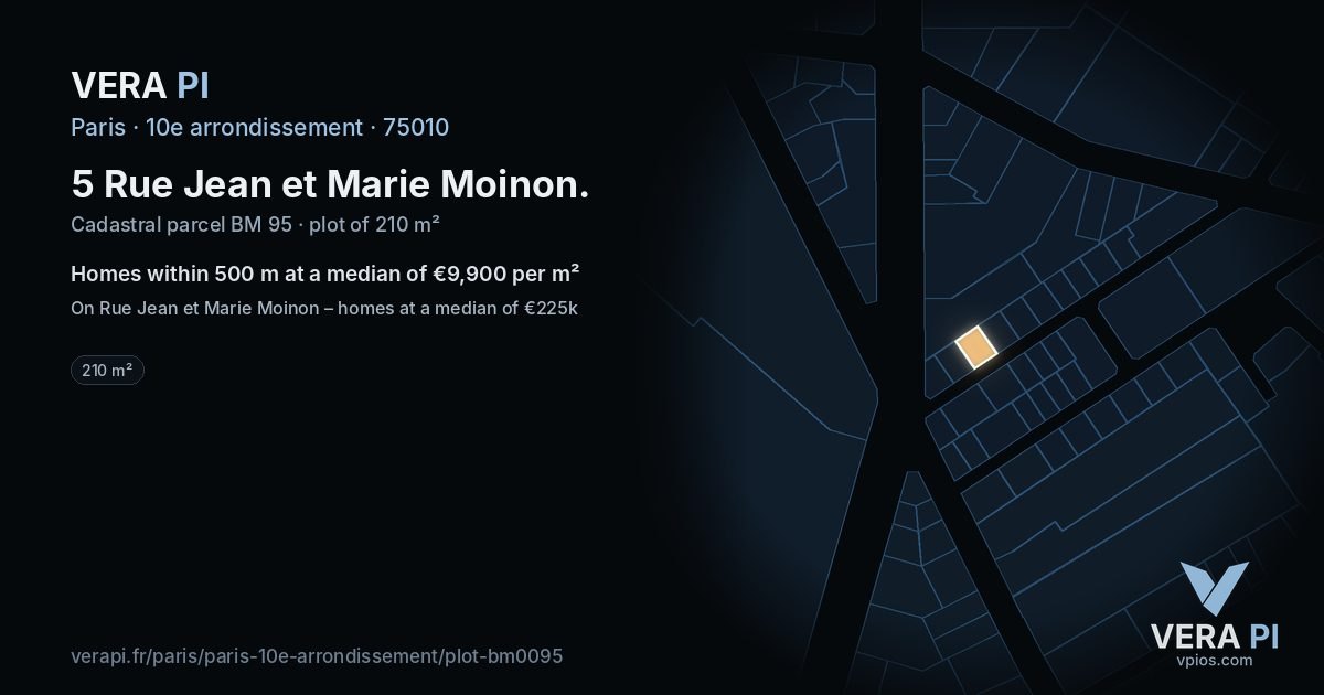 5 Rue Jean et Marie Moinon, 10e arrondissement at night – the plot lit, the parcels around coloured by the prices near them