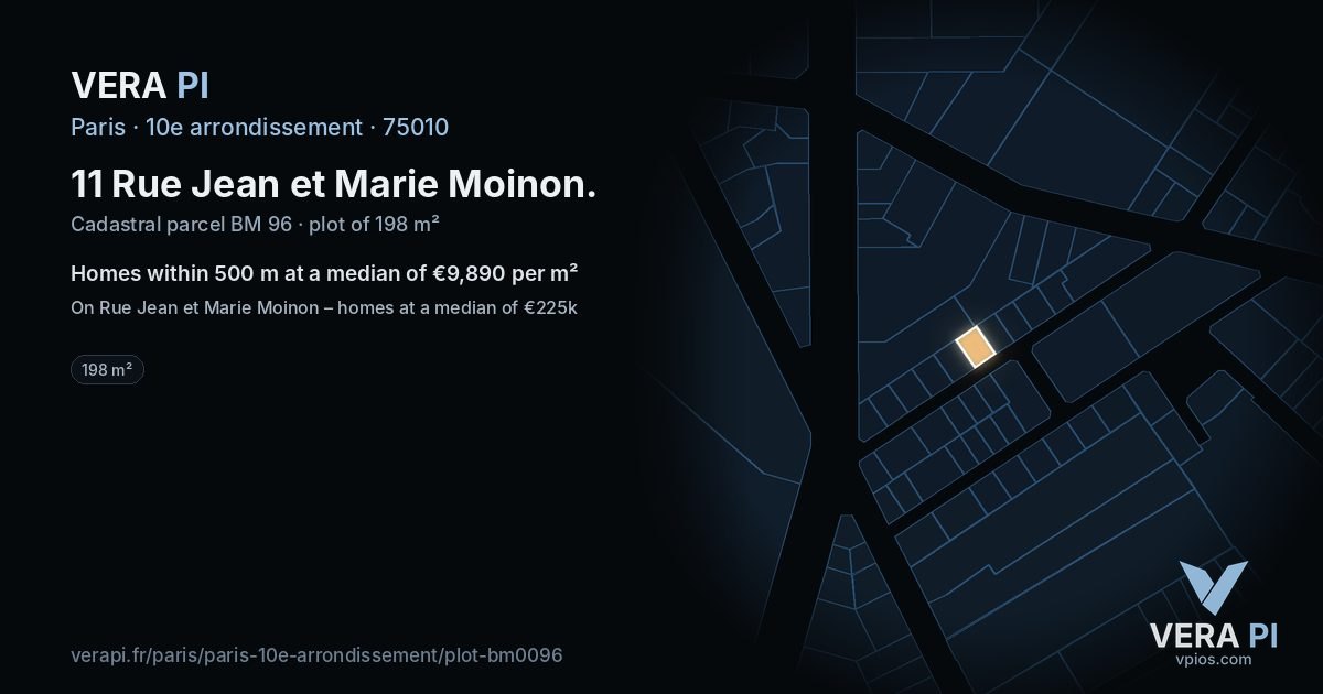 11 Rue Jean et Marie Moinon, 10e arrondissement at night – the plot lit, the parcels around coloured by the prices near them