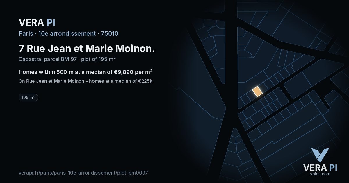 7 Rue Jean et Marie Moinon, 10e arrondissement at night – the plot lit, the parcels around coloured by the prices near them