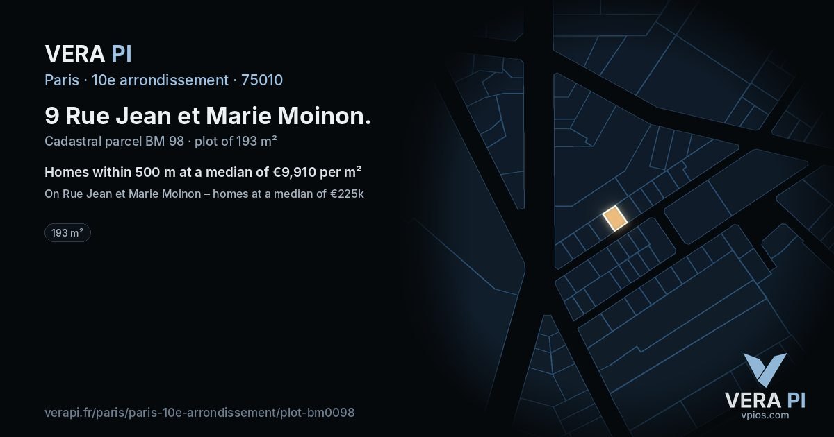 9 Rue Jean et Marie Moinon, 10e arrondissement at night – the plot lit, the parcels around coloured by the prices near them
