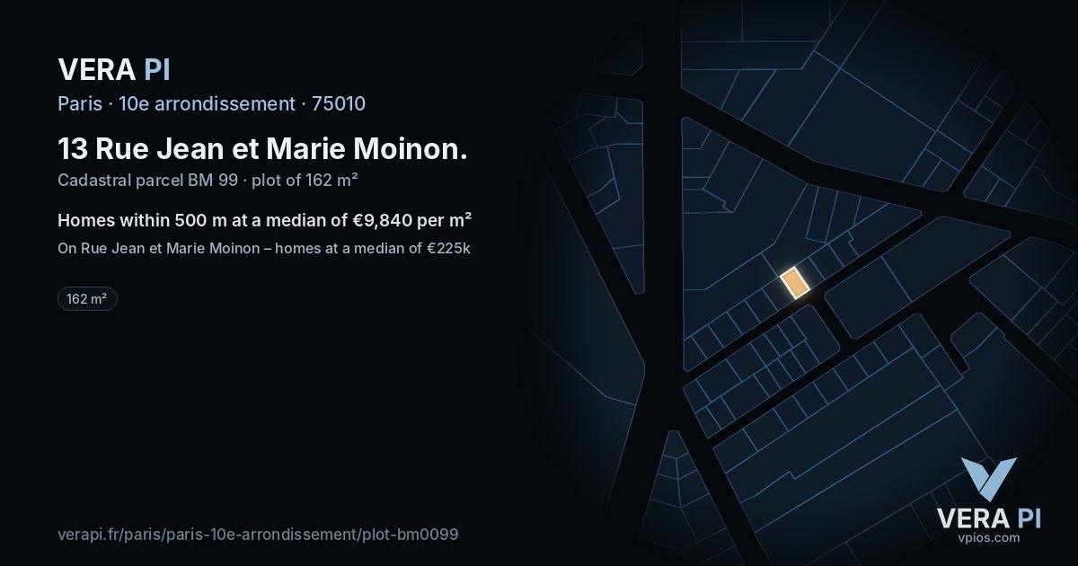 13 Rue Jean et Marie Moinon, 10e arrondissement at night – the plot lit, the parcels around coloured by the prices near them