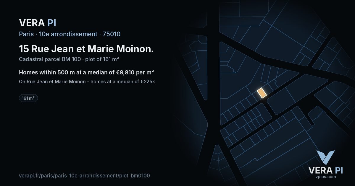 15 Rue Jean et Marie Moinon, 10e arrondissement at night – the plot lit, the parcels around coloured by the prices near them