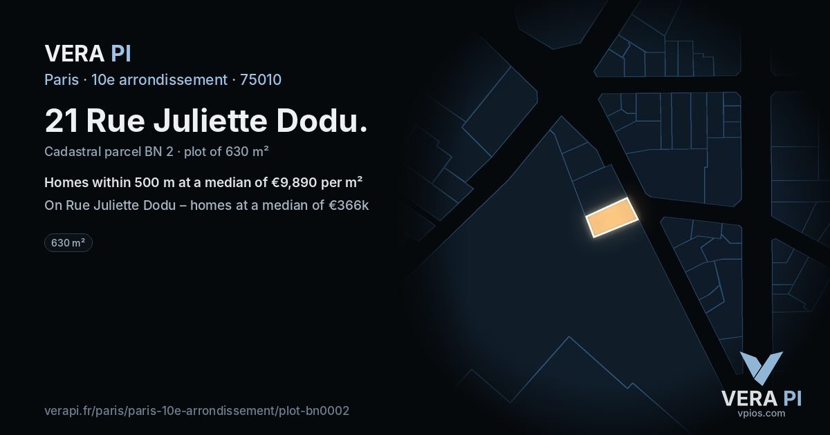 21 Rue Juliette Dodu, 10e arrondissement at night – the plot lit, the parcels around coloured by the prices near them