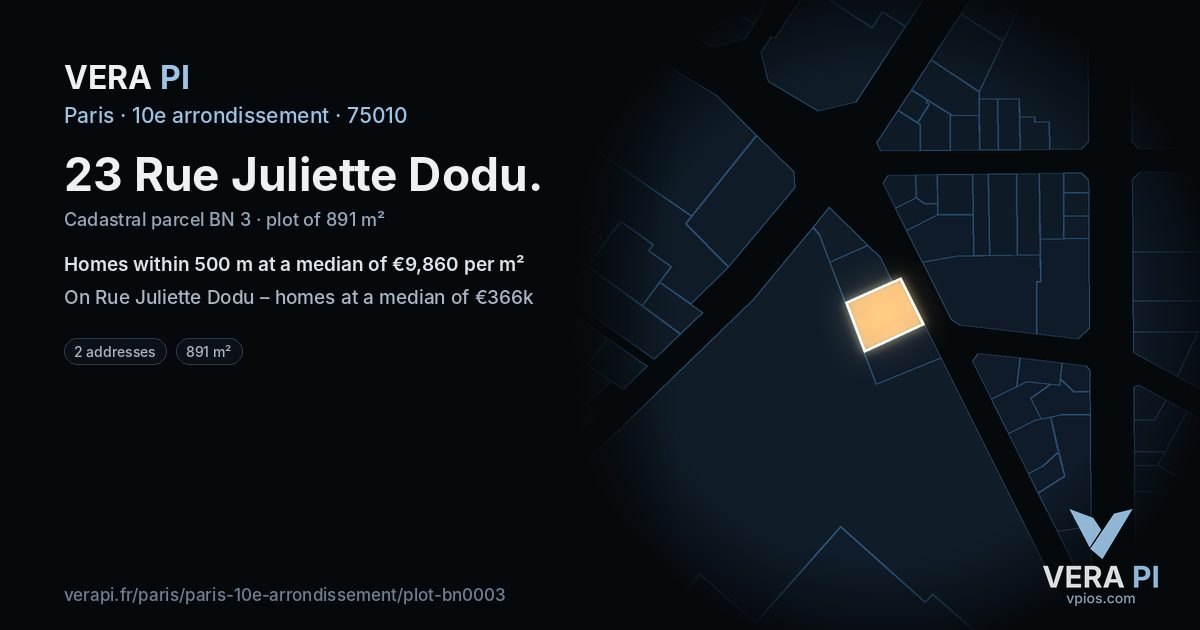 23 Rue Juliette Dodu, 10e arrondissement at night – the plot lit, the parcels around coloured by the prices near them