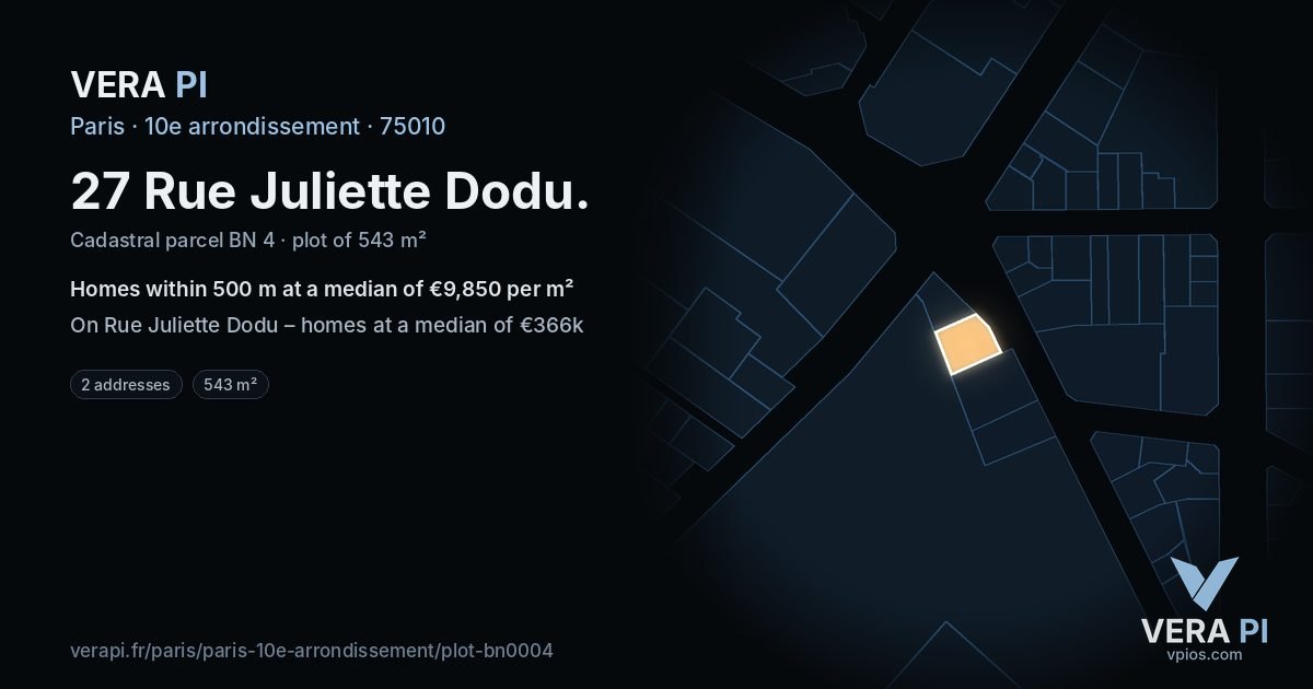27 Rue Juliette Dodu, 10e arrondissement at night – the plot lit, the parcels around coloured by the prices near them