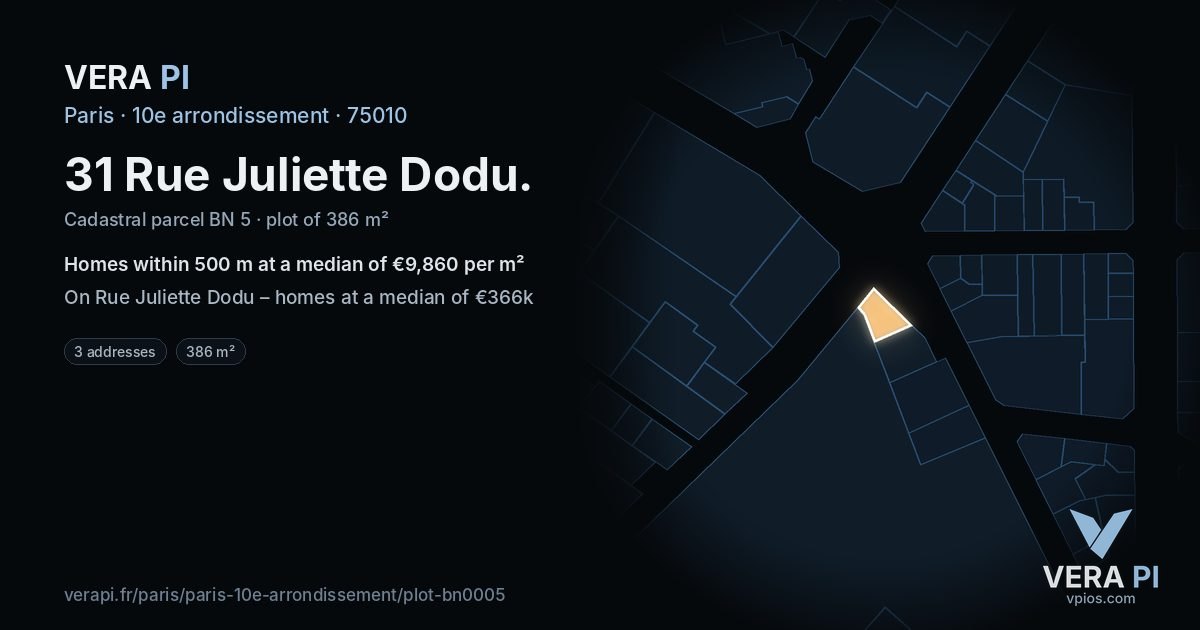 31 Rue Juliette Dodu, 10e arrondissement at night – the plot lit, the parcels around coloured by the prices near them