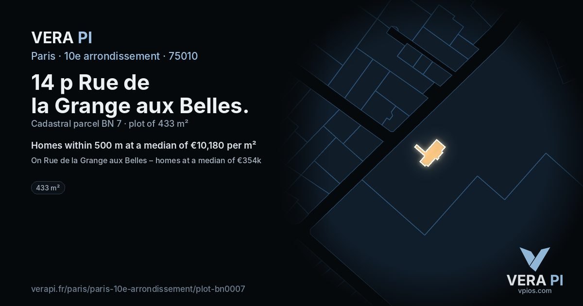 14 p Rue de la Grange aux Belles, 10e arrondissement at night – the plot lit, the parcels around coloured by the prices near them