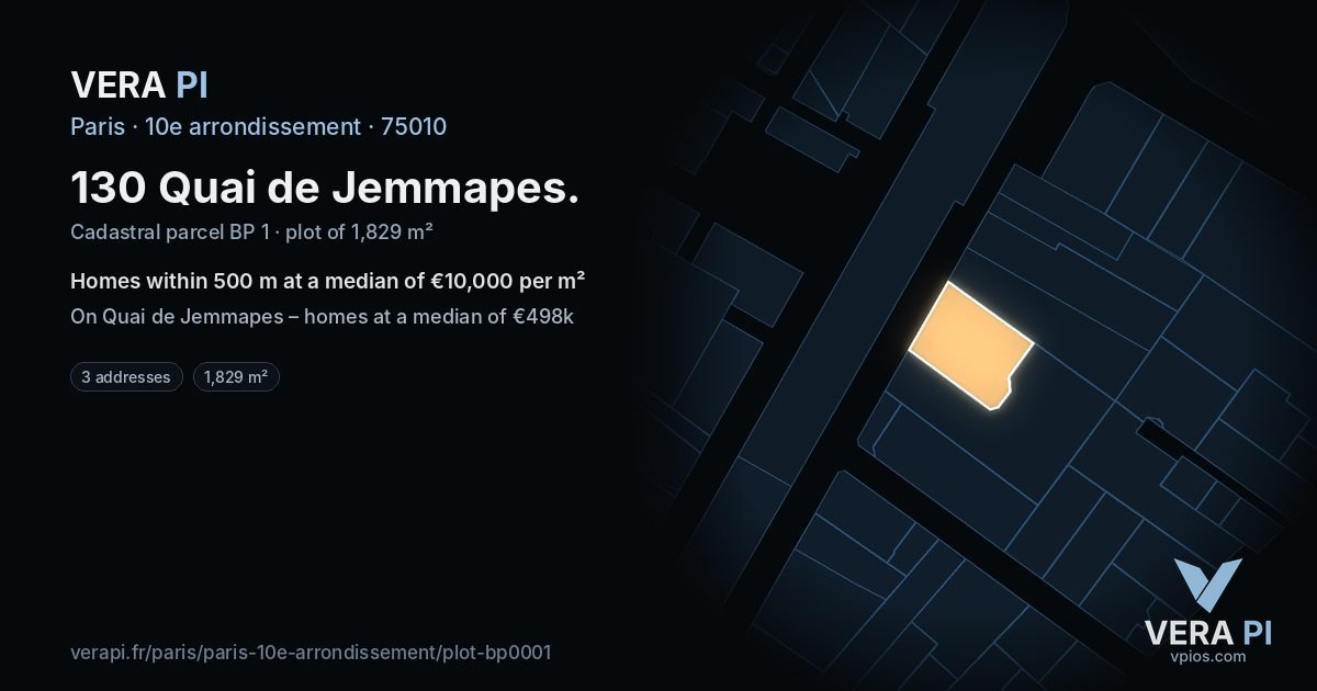 130 Quai de Jemmapes, 10e arrondissement at night – the plot lit, the parcels around coloured by the prices near them