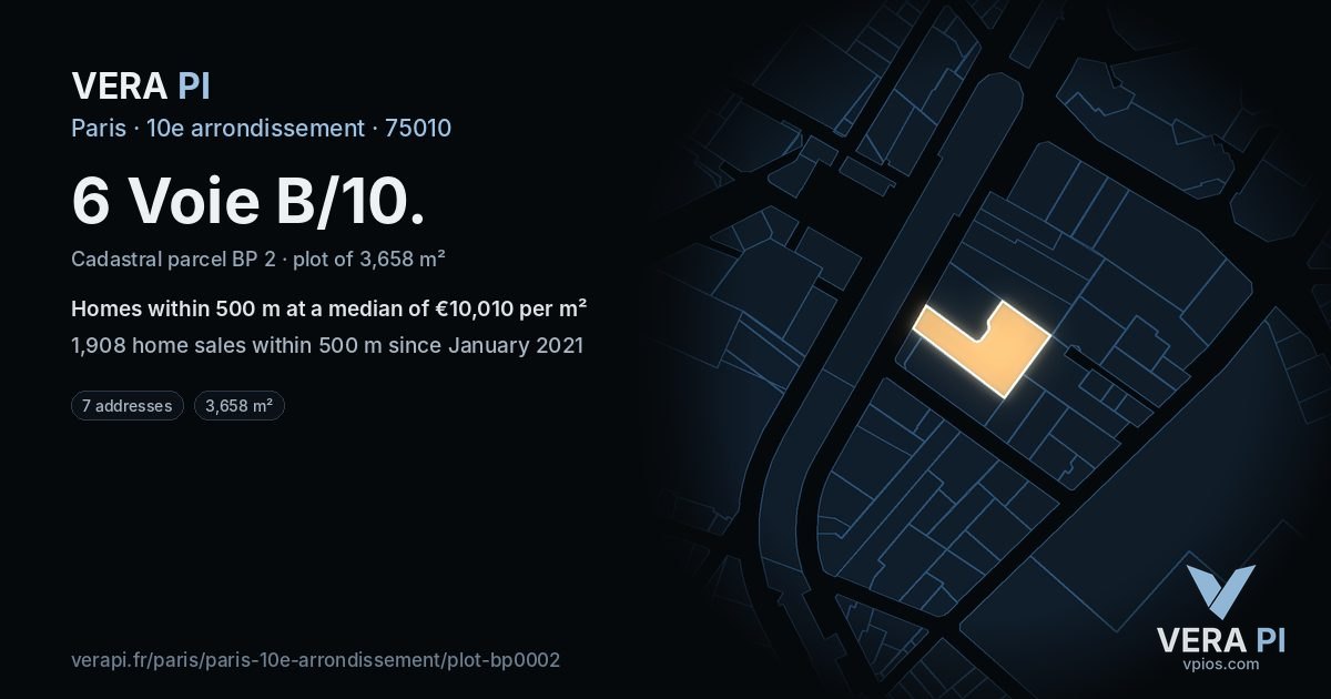 6 Voie B/10, 10e arrondissement at night – the plot lit, the parcels around coloured by the prices near them