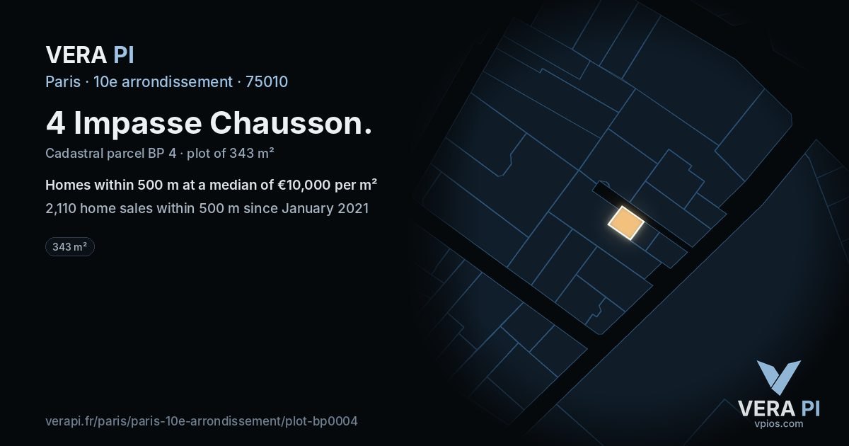 4 Impasse Chausson, 10e arrondissement at night – the plot lit, the parcels around coloured by the prices near them