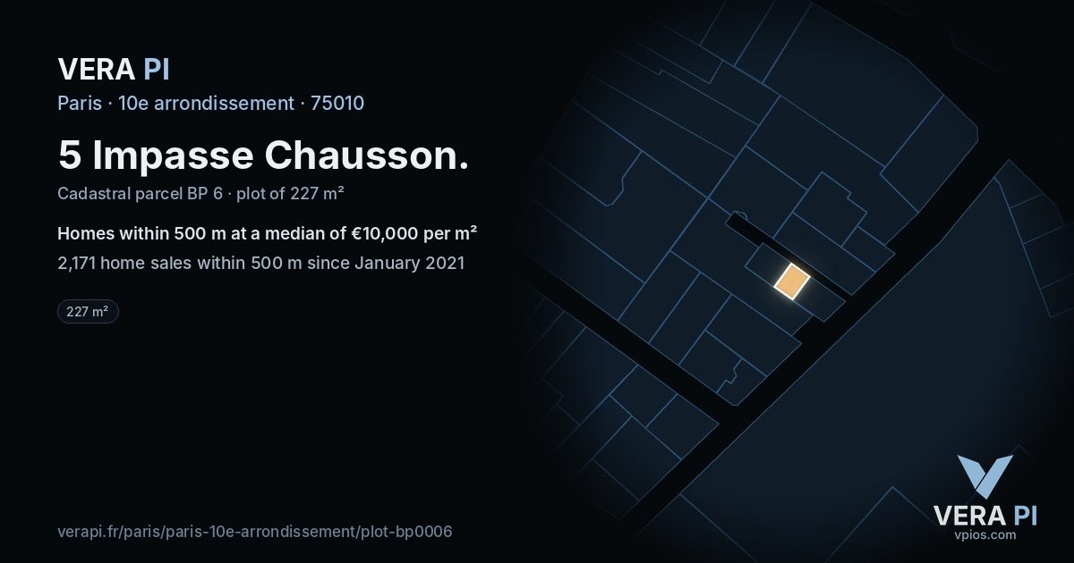 5 Impasse Chausson, 10e arrondissement at night – the plot lit, the parcels around coloured by the prices near them