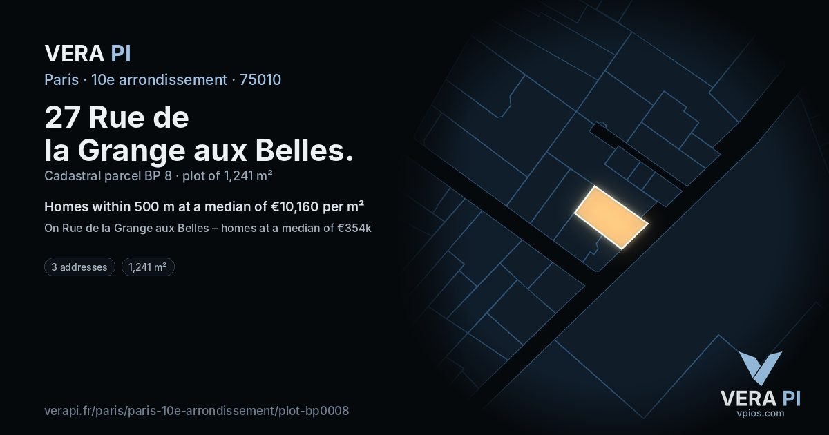 27 Rue de la Grange aux Belles, 10e arrondissement at night – the plot lit, the parcels around coloured by the prices near them