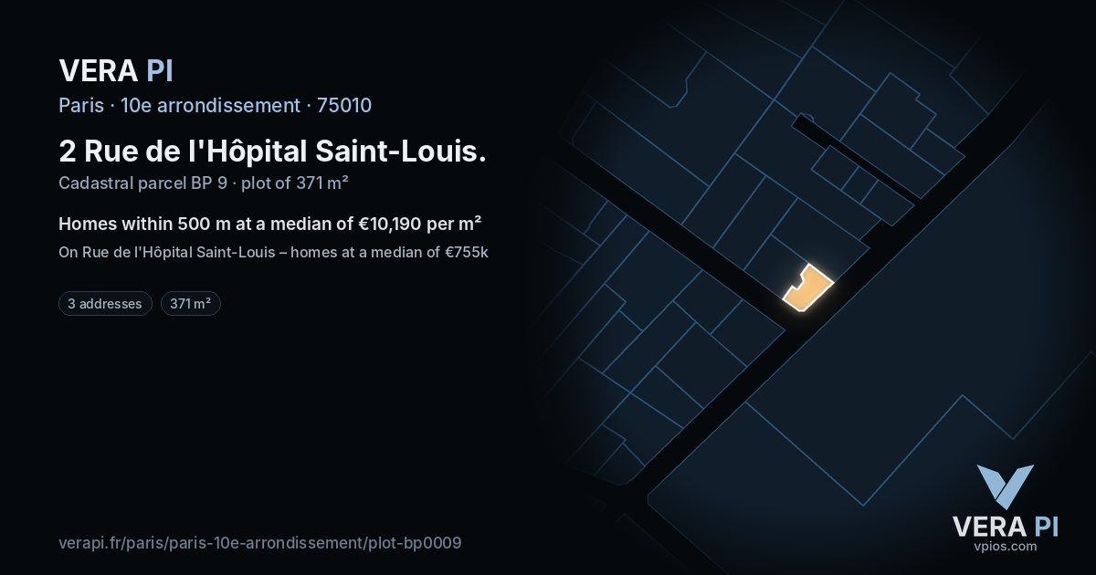 2 Rue de l'Hôpital Saint-Louis, 10e arrondissement at night – the plot lit, the parcels around coloured by the prices near them