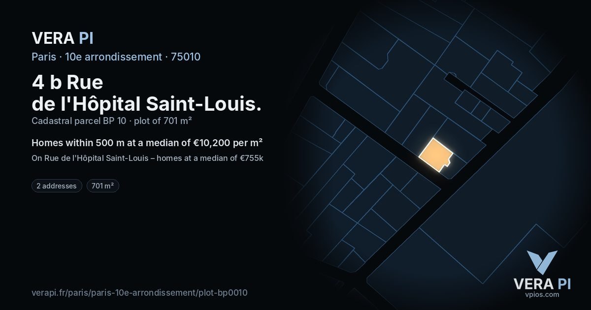 4 b Rue de l'Hôpital Saint-Louis, 10e arrondissement at night – the plot lit, the parcels around coloured by the prices near them