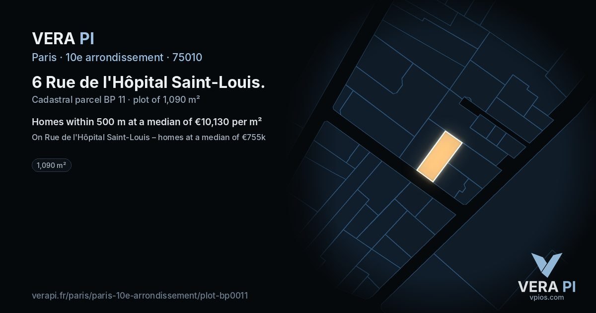 6 Rue de l'Hôpital Saint-Louis, 10e arrondissement at night – the plot lit, the parcels around coloured by the prices near them