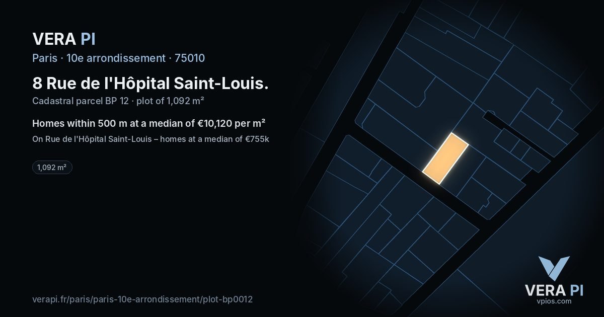 8 Rue de l'Hôpital Saint-Louis, 10e arrondissement at night – the plot lit, the parcels around coloured by the prices near them