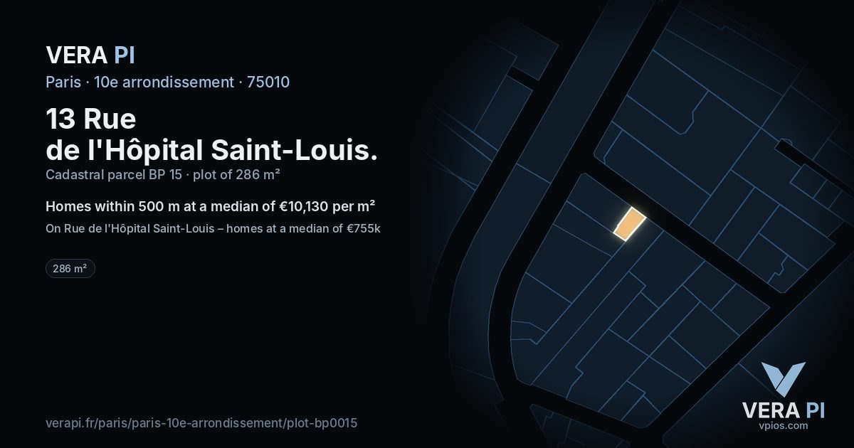 13 Rue de l'Hôpital Saint-Louis, 10e arrondissement at night – the plot lit, the parcels around coloured by the prices near them