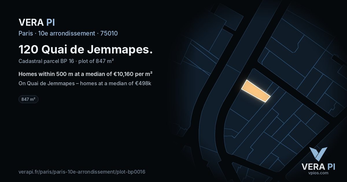 120 Quai de Jemmapes, 10e arrondissement at night – the plot lit, the parcels around coloured by the prices near them