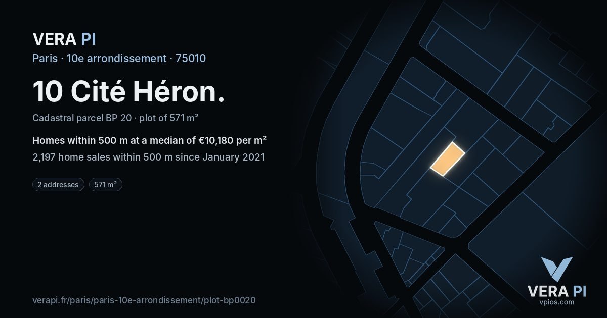 10 Cité Héron, 10e arrondissement at night – the plot lit, the parcels around coloured by the prices near them