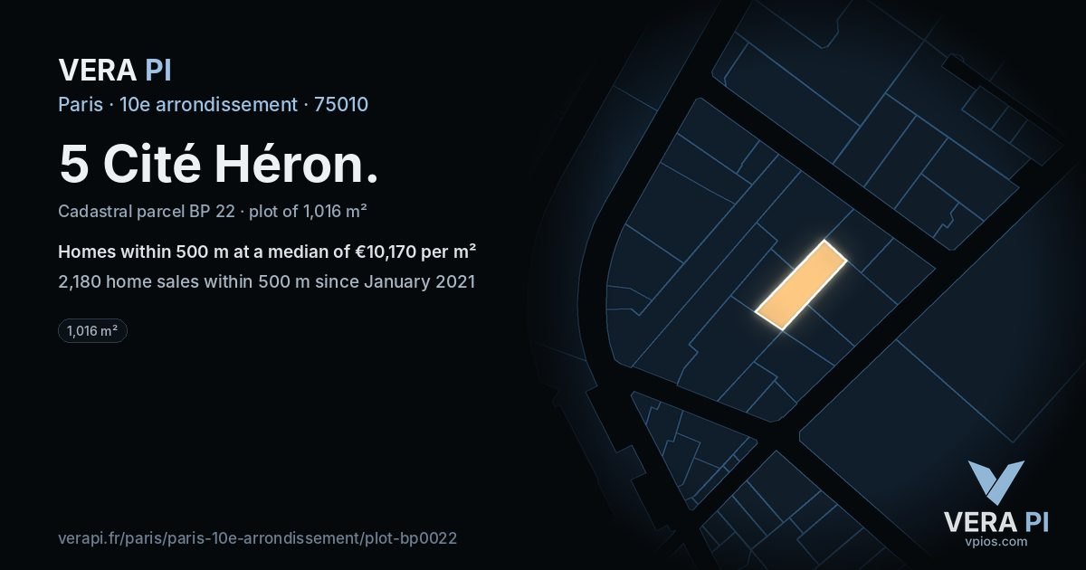 5 Cité Héron, 10e arrondissement at night – the plot lit, the parcels around coloured by the prices near them