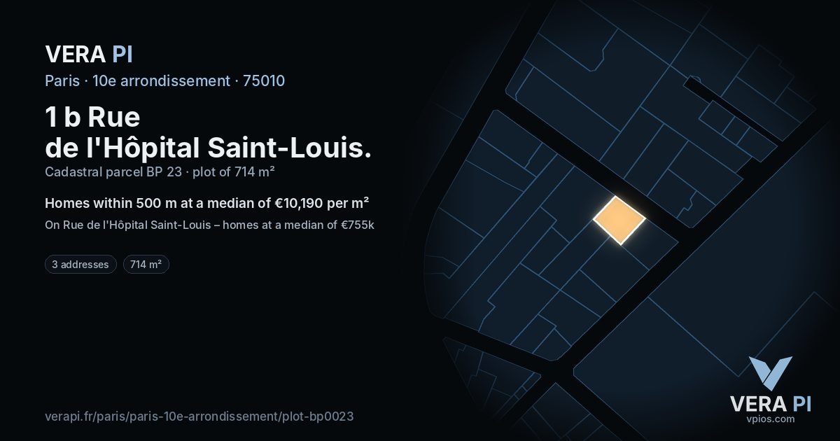 1 b Rue de l'Hôpital Saint-Louis, 10e arrondissement at night – the plot lit, the parcels around coloured by the prices near them