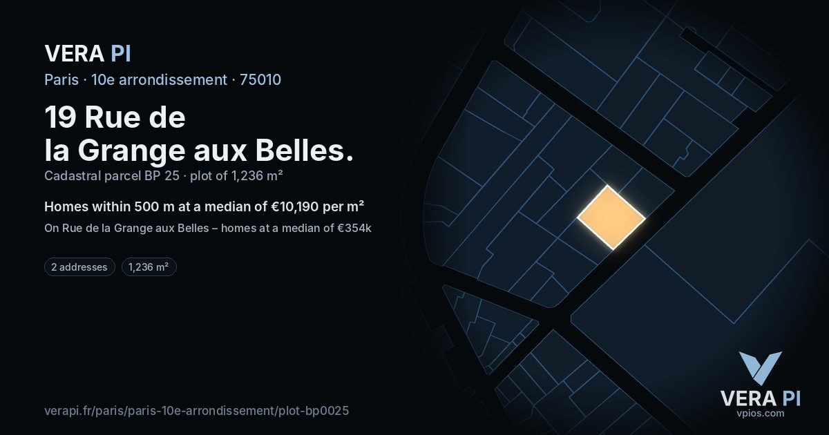 19 Rue de la Grange aux Belles, 10e arrondissement at night – the plot lit, the parcels around coloured by the prices near them