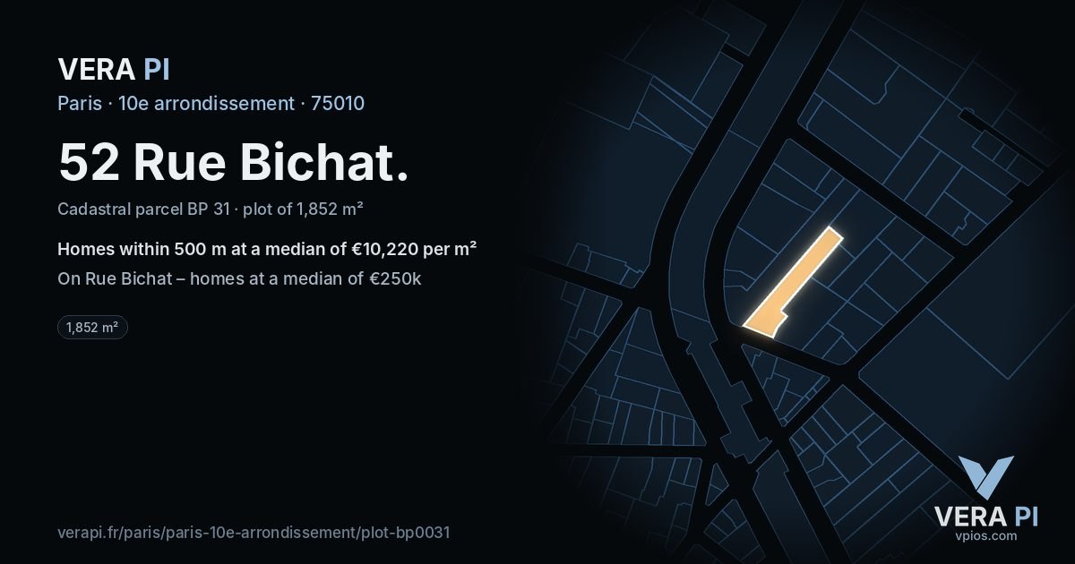 52 Rue Bichat, 10e arrondissement at night – the plot lit, the parcels around coloured by the prices near them