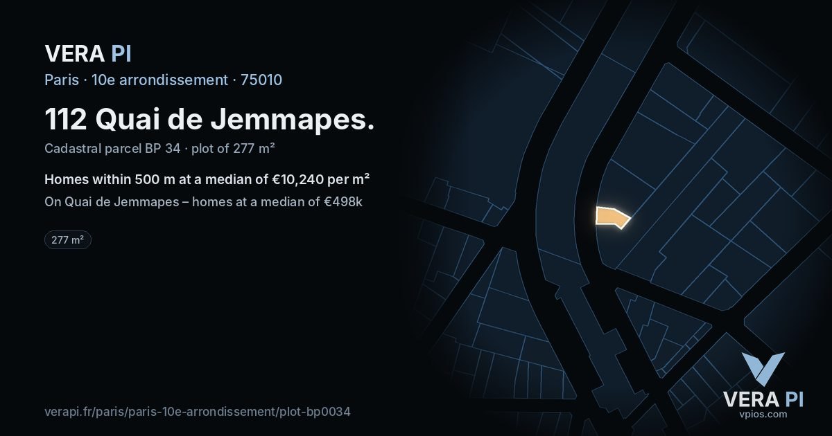 112 Quai de Jemmapes, 10e arrondissement at night – the plot lit, the parcels around coloured by the prices near them